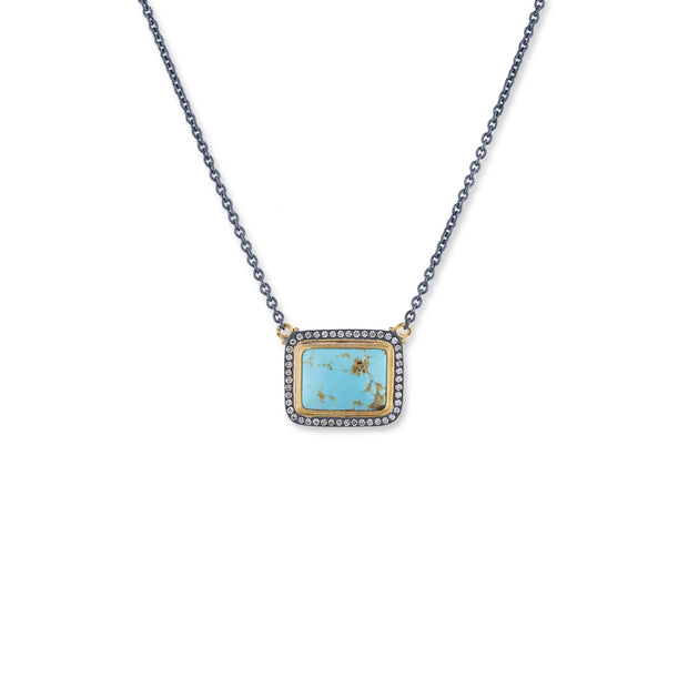 24K Gold Turquoise Pendant With Champagne Diamonds On Adjustable 16"-18" Oxidized Silver Chain