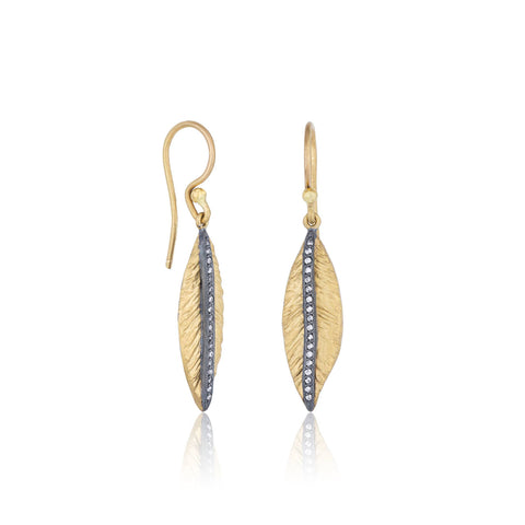 Olive Leaf Earrings In 24K Gold, Diamonds And Oxidized Silver