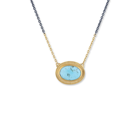 24K Gold And Oxidized Silver Necklace With Oval Cabochon Turquoise On A 23.5K Gold And Oxidized Silver Adjustable Chain 16"-18"