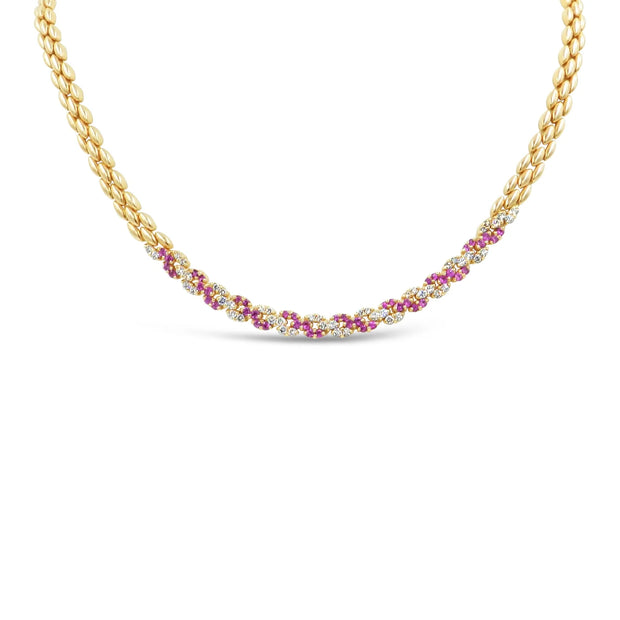 18K Rose Gold Pink Sapphire And Diamond Necklace. Diamond 1.43ctw Pink Sapphire 1.78ctw
