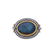 24K GOLD & OXIDIZED SILVER “MOONDANCE” OVAL FACETED LABRADORITE DOUBLET WITH BLACK ONYX RING, ROUND AND CARRE DIAMONDS SET IN 18K WHITE GOLD,
