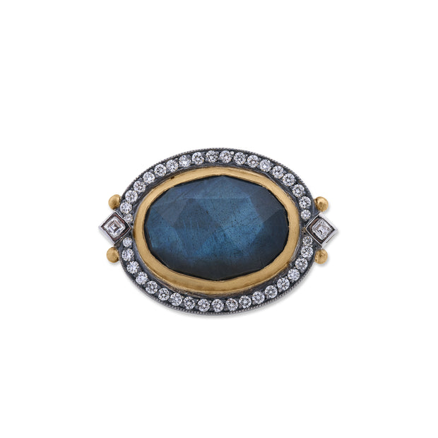 24K GOLD & OXIDIZED SILVER “MOONDANCE” OVAL FACETED LABRADORITE DOUBLET WITH BLACK ONYX RING, ROUND AND CARRE DIAMONDS SET IN 18K WHITE GOLD,
