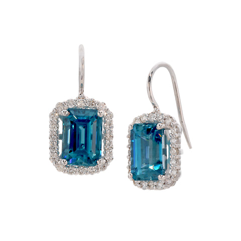 White Gold Diamond Blue Zircon Emerald Cut Earrings