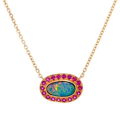 18K Yellow Gold Opal And Ruby Pendant