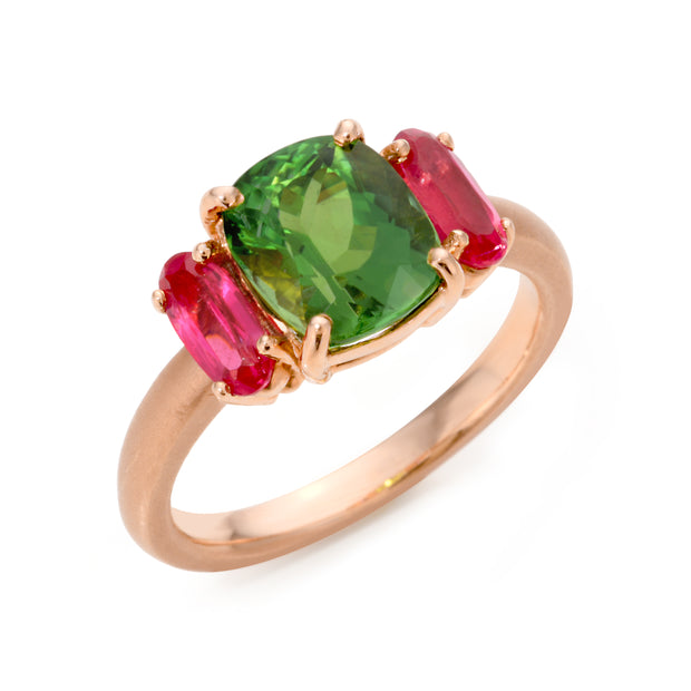 14K Rose Gold Green Tourmaline And Pink Spinel Ring