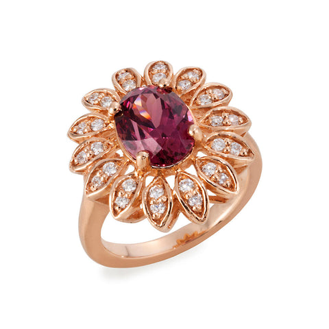 14K Rose Gold Oval Rhodolite Garnet Diamond Ring.