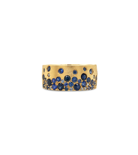 14K Yellow Gold and Scattered Blue Sapphire Ring Matte Finish 1.34ctw