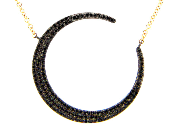 14K Black Diamond Crescent Moon Necklace With 18" Yellow Gold Cable Chain .37ctw