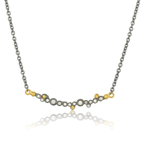 24K Gold And Oxidized Silver Bar Necklace With Diamonds, 16"-18"