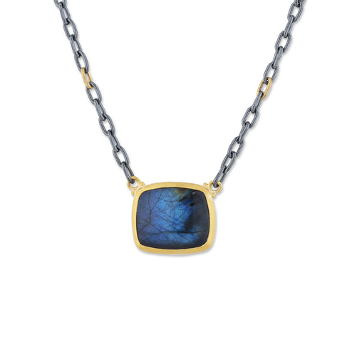24K Gold, Labradorite And Onyx Necklace With 16" -18" Oxidized Silver Chain