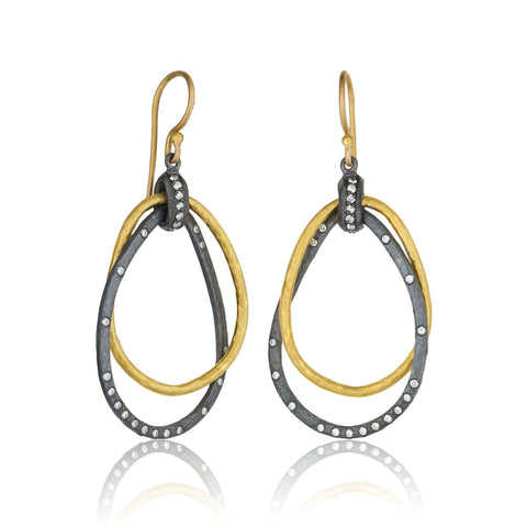 24K Gold And Oxidized Silver Drop Earrings with 22K gold Ear Wire