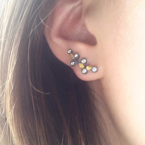 22K Gold  And Oxidized Silver Ear Cuffs With Diamonds 18K Gold Posts