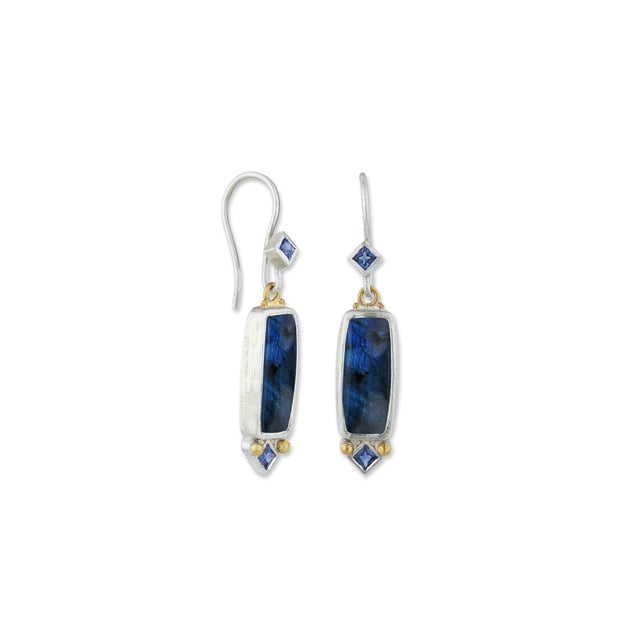24K And Silver Labradorite Doublet Earrings With Blue Sapphire
