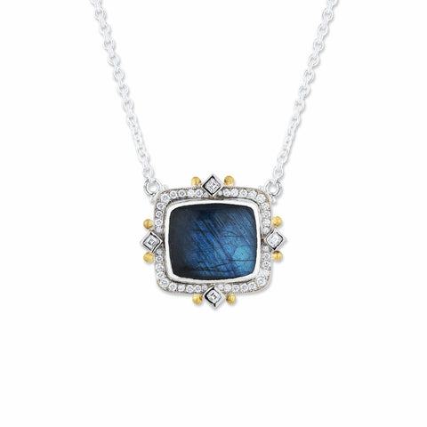 24K Gold And Sterling Silver Labradorite Onyx Doublet Necklace Set In 18K White Gold   With 24K Gold Granulation And Diamonds