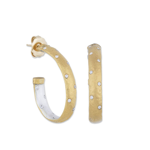 24K Gold, Silver And Diamond Hoop Earrings With 18K Post