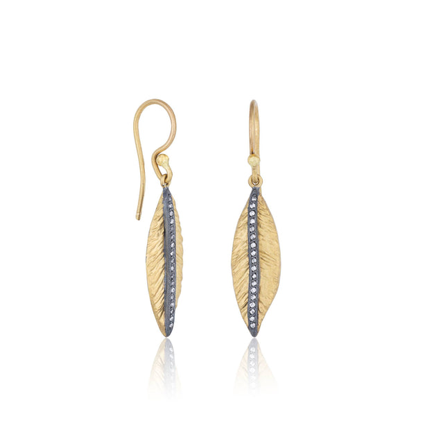 Olive Leaf Earrings In 24K Gold, Diamonds And Oxidized Silver