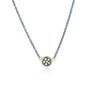 22K Gold Pendant With Champagne Diamonds On Oxidized Silver Adjustable Chain 15"-18"