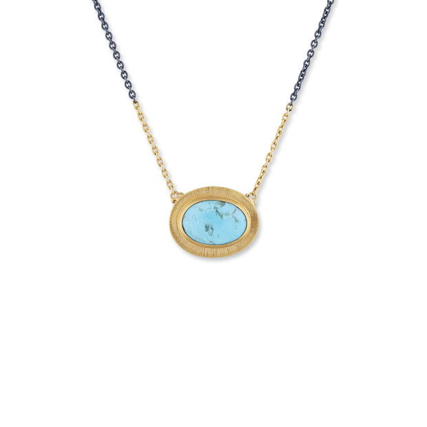 24K Gold And Oxidized Silver Necklace With Oval Cabochon Turquoise On A 23.5K Gold And Oxidized Silver Adjustable Chain 16"-18"
