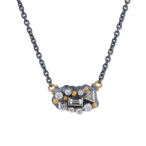 24K Gold And Oxidized Silver Necklace With Round And Fancy Cut Diamonds, 16"-18" Length